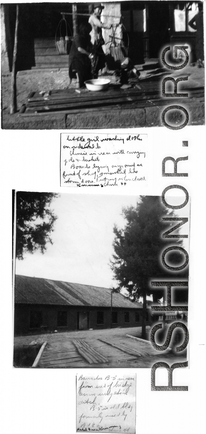 Woman washing clothes in street, and barracks B-5 at Hostel #3, 1944.