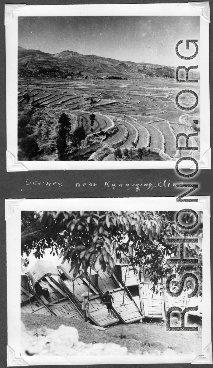 Scenes in Kunming, China, area during WWII: Terraced farmland, and boatmen waiting for commuter fares.