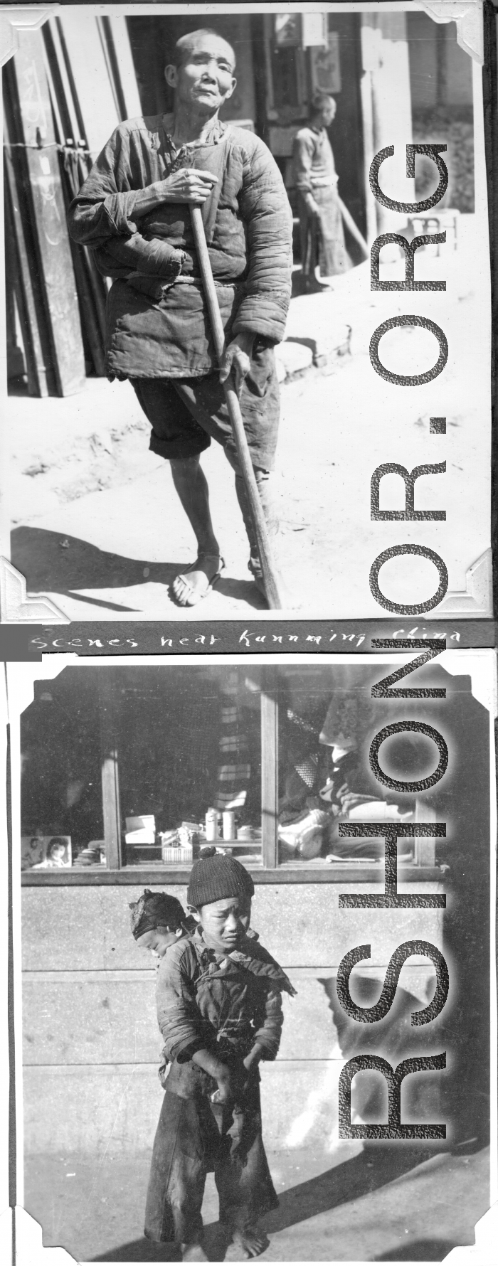Scenes in Kunming, China, area during WWII: Old man with stick, boy carrying child.