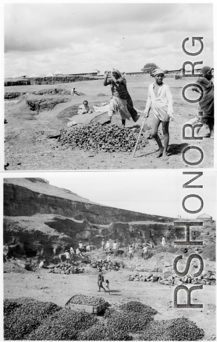 Quarrying and crushing stone.  Scenes in India witnessed by American GIs during WWII. For many Americans of that era, with their limited experience traveling, the everyday sights and sounds overseas were new, intriguing, and photo worthy.