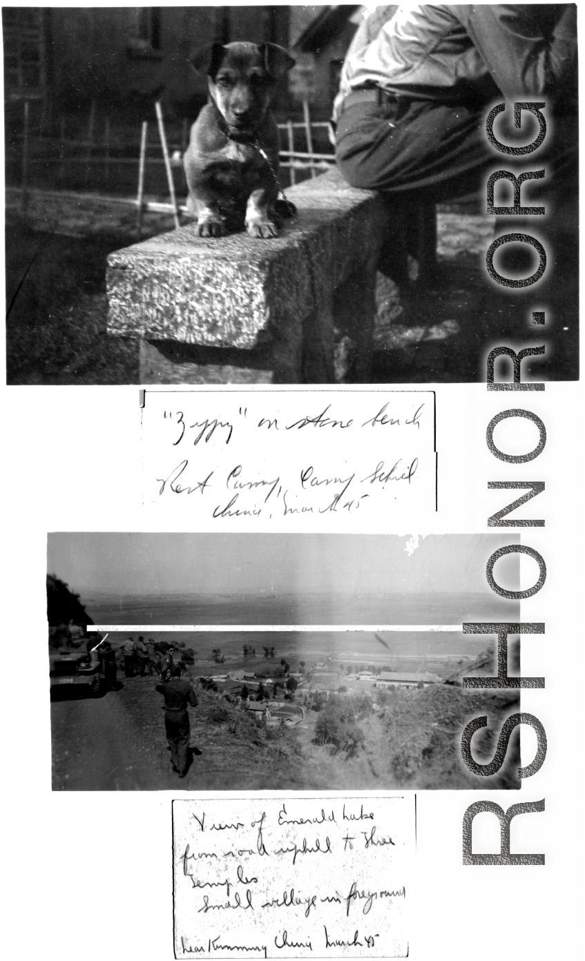 Pet dog "Zippy" at Camp Schiel, and overlooking Emerald Lake near Kunming, March 1945.