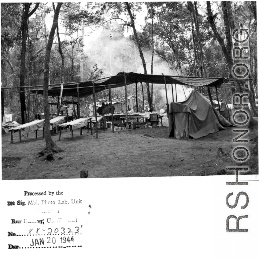 Allied outdoor medical treatment facility in the jungle in Burma, during WWII. 