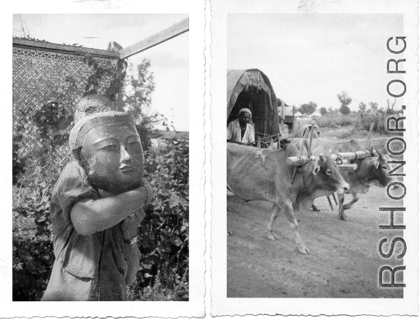 A GI holds a war-damaged Buddha head, and dual oxen pull cart, in India or Burma, during WWII.