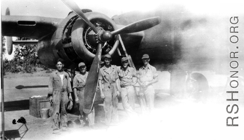 Personnel of 491 Bombardment Group about June 1943, Chaukulia, India. Notice the open engine cowling. During WWII.