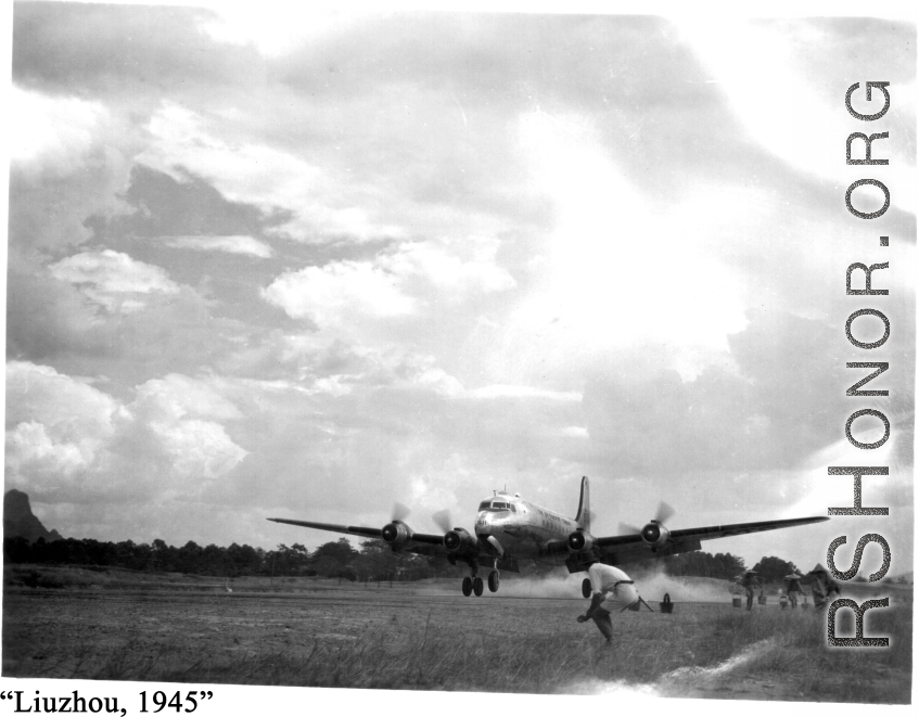 Photos taken by Robert F. Riese in or around Liuzhou city, Guangxi province, China, in 1945.  C-54 taking off at the runway at Liuzhou during WWII, in 1945.