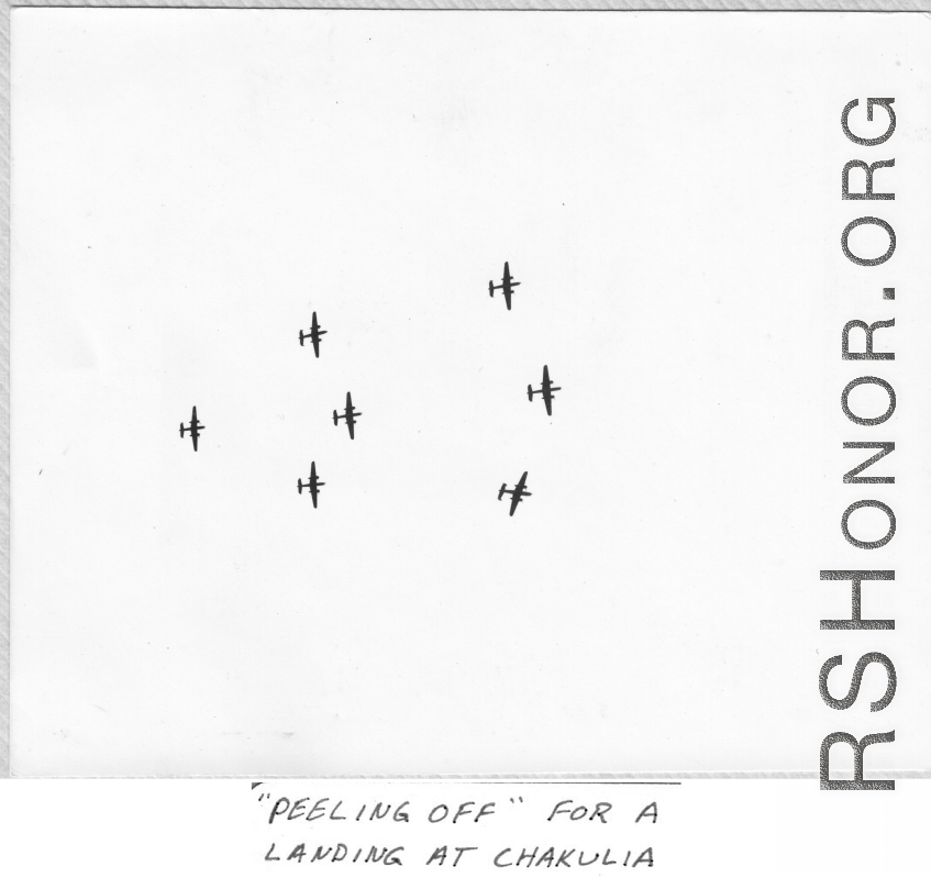 B-25s "Peeling Off" for a landing at Chakulia.  22nd Bombardment Squadron in the CBI.