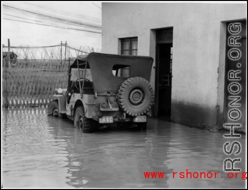 An American Jeep in deep rainwater in the CBI.