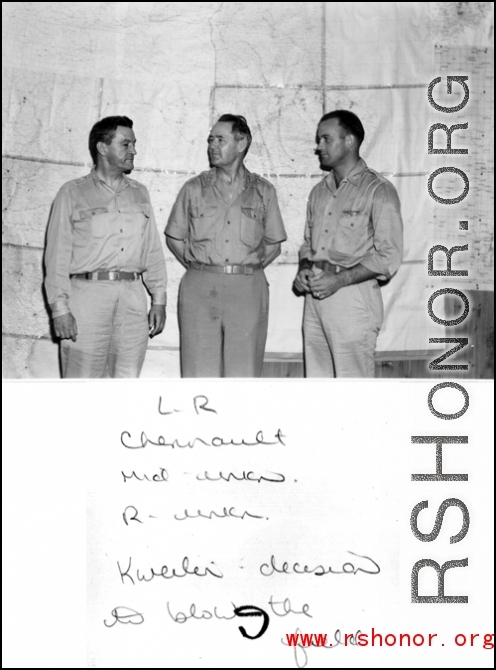 Chennault and others making the decision to blow up the air base before the Japanese advance, fall of 1944, in Guilin.  From the collection of Hal Geer.