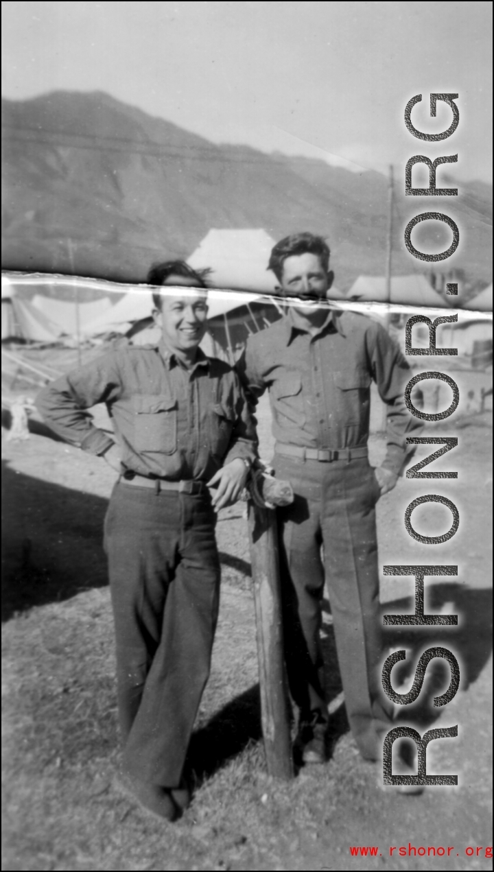 Douglas Runk (right) and another GI at an American tent camp on Burma Road in the Xiaguan/Dali area, near the outlet to Erhai Lake. During WWII.