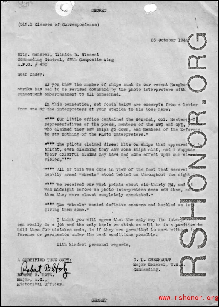 Single page letter to Casey Vincent (68th Composite Wing, APO 430) from Gen. Chennault on October 26, 1944 discussing air strikes on Hong Kong.