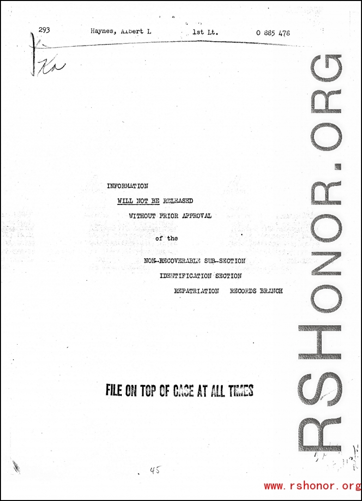 Individual Deceased Personnel File (IDPF) for Albert L. Haynes, MIA, China.