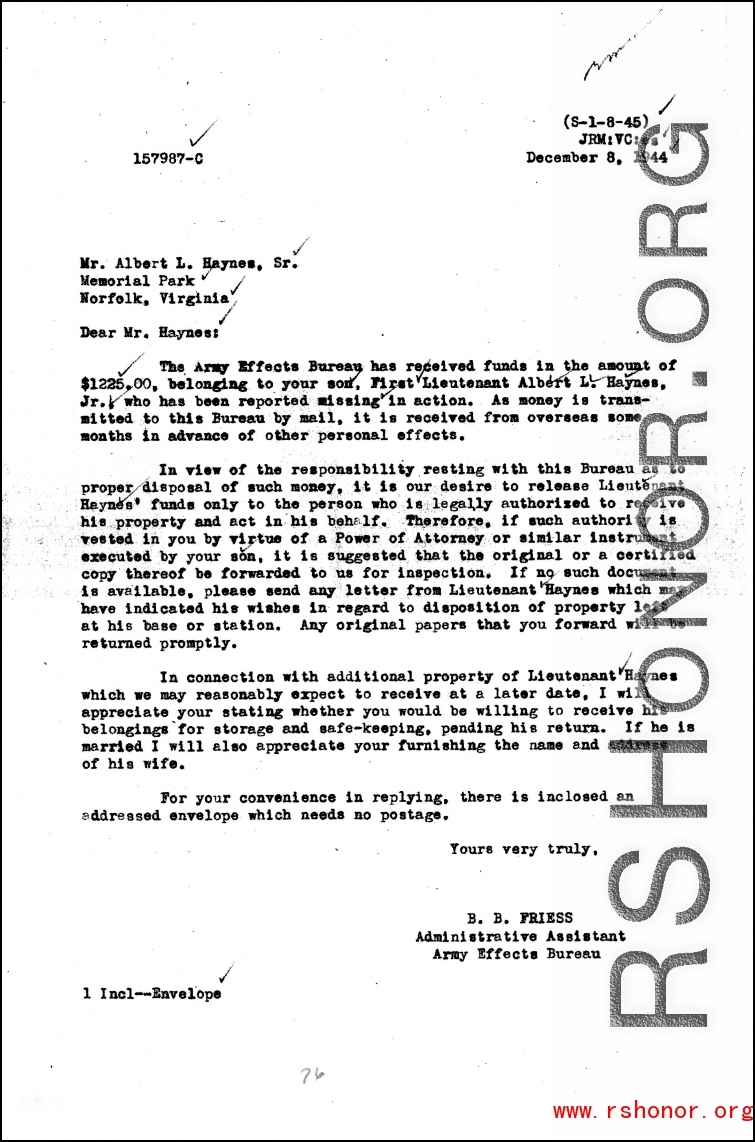 Individual Deceased Personnel File (IDPF) for Albert L. Haynes, MIA, China.