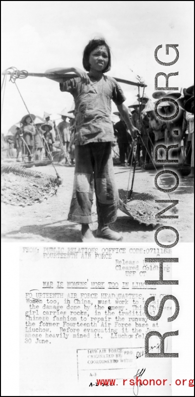Young girl shoulders carrying-pole to repair runway at Liuzhou, Guangxi province, in the CBI, after Japanese retreat after Ichigo.