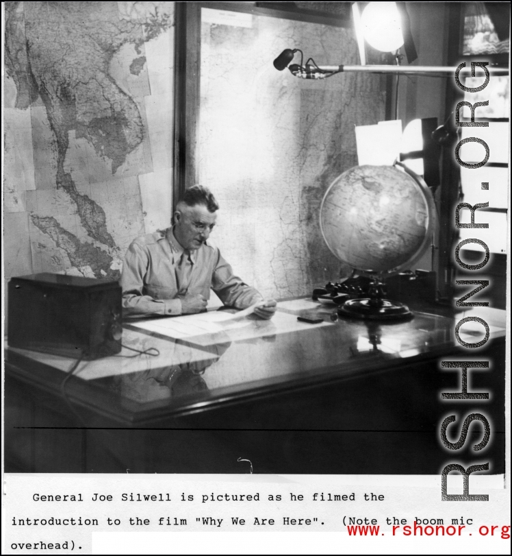 General Joe Stilwell pictured as he filmed the introduction to the film "Why We Are Here." Note boom microphone overhead.