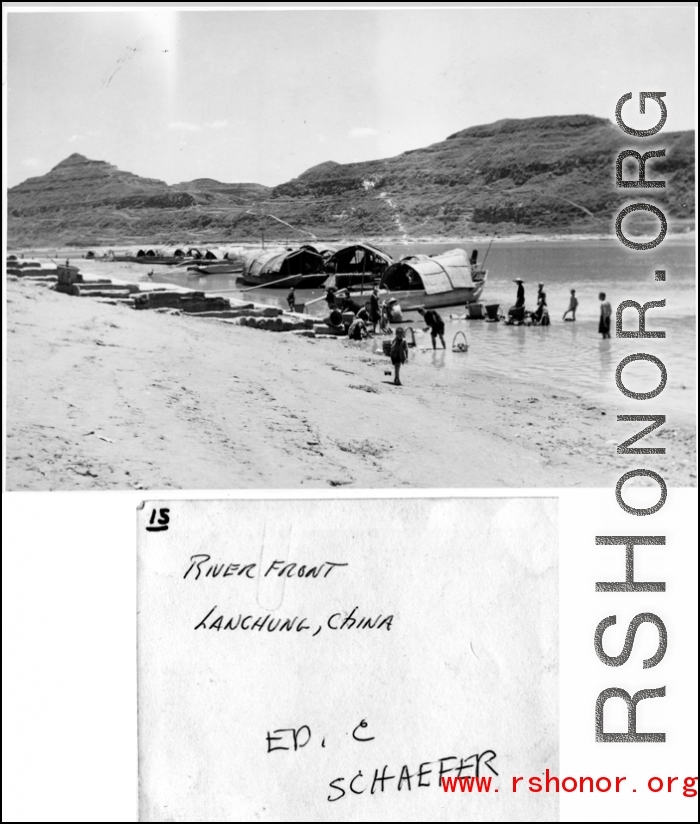 Riverfront with boats and cargo at Lanchung (Langzhong 阆中), Sichuan province, China, during WWII.  Photo from Ed. C. Schaefer.