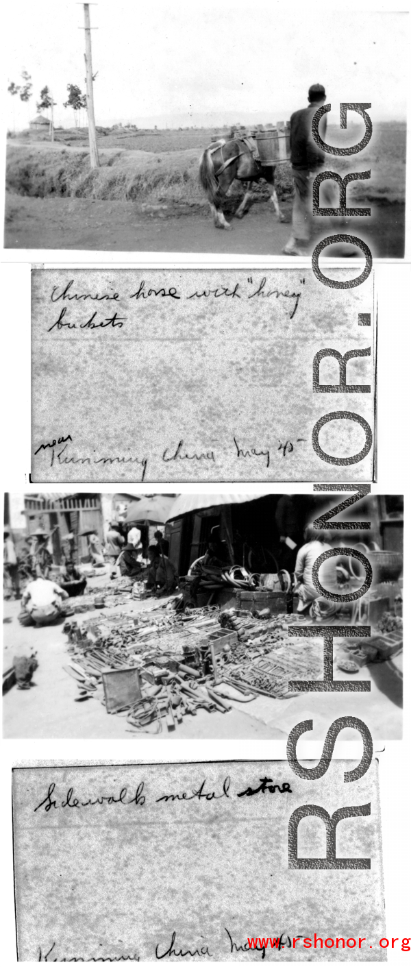 Daily life near Kunming, May 1945--taking fertilizer to fields, and the stand of a metal hardware trader.