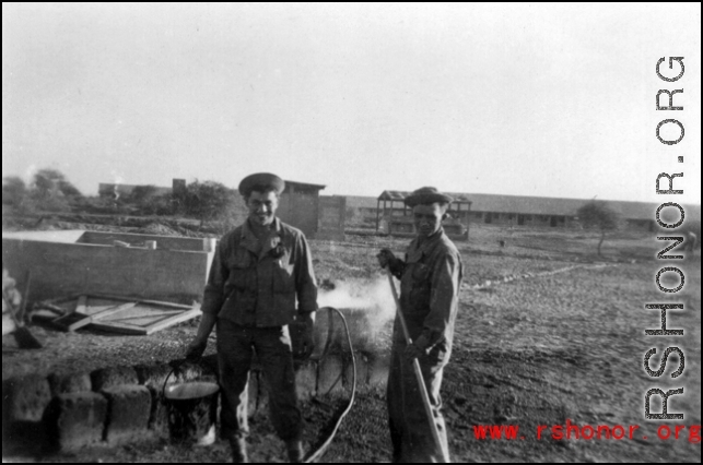 Fernand Arel & unknown person at K.P. (kitchen patrol),  New Malir, Dec. 1942.
