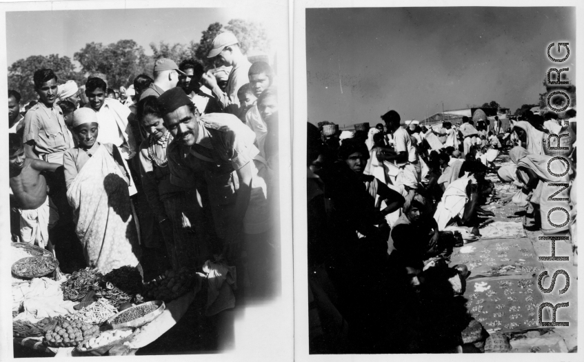 People at busy market.  Scenes in India witnessed by American GIs during WWII. For many Americans of that era, with their limited experience traveling, the everyday sights and sounds overseas were new, intriguing, and photo worthy.