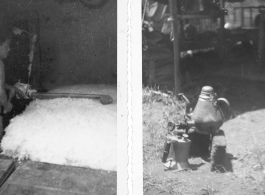 A worker makes a cotton felt blanket by vibrating a string through piles of loose cotton; Large tea kettle on raised holder to allow it to be tipped easily. During WWII in China.