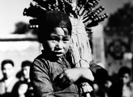 Local people in China, including a young candied fruit seller selling candied haws fruit on bamboo skewers.  From the collection of Eugene T. Wozniak.