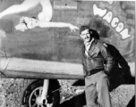 Flyer Edward D. (Don) Smith, squadron navigator, stands before F-7A/B-24 "My Assam Wagon." He went on to serve almost 30 years, retiring as LTC, and passed away in 2014 at the age of 97.  24th Combat Mapping Squadron, 8th Photo Reconnaissance Group, 10th Air Force.  (Thanks to son F. Smith for additional info!)