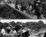 Chinese people crossing a busy bridge in SW China during WWII.
