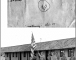 Purple Heart awarding ceremony. Squadron color guard in front of recipients of Purple Heart in the rear. Squadron CO, Major Bundy at left. At HQ compound for 14th Air Force.  Near Kunming, China, in 1944. In the CBI. 