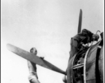 Lt. William Wickstrom, engineer at A-5, working on an airplane, during the summer of 1944. 462nd Bomb Group, 468th Squadron.  Photo from C. M. Miller.