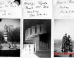 American woman on pagoda at Purple Mt. Park, Nanjing, China, late 1945; Chinese and American pose.