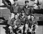 An aircrew of the 491st Bomb Squadron pose for photo with the "Wabash Cannonball", a B-25H, at Yangkai, Airbase, China, circa 1944.  Front row (left to right) - Cpl Glen A. Sneyd (engineer), S/Sgt Joseph A. Siana (armorer-gunner), T/Sgt Ashley F. Neary (radio);  Back - Capt. James L. Wolfe (bombardier), Lt. William H. Briggs (pilot).